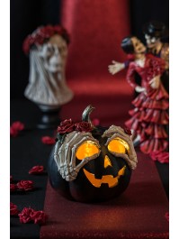 BLACK RESIN PUMPKIN WITH SKELETON HANDS DIA 22CM X 23CM
