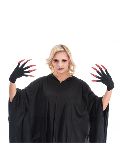 HALLOWEEN BLACK GLOVES GLITTERED RED NAILS 