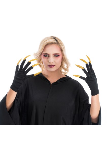 HALLOWEEN BLACK GLOVES GLITTERED GOLD NAILS 