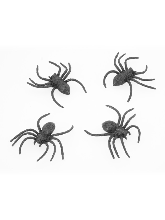 SET OF 4 BLACK PVC SPIDERS 8CM X 9CM 