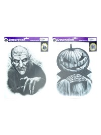 HALLOWEEN WINDOW DECO - 2 ASS EVIL PUMPKIN - OLD WIZARD 27CM X 36CM