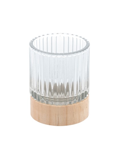 PHOTOPHORE VERRE ET BOIS STRIE DIA 7CM X 8.6CM