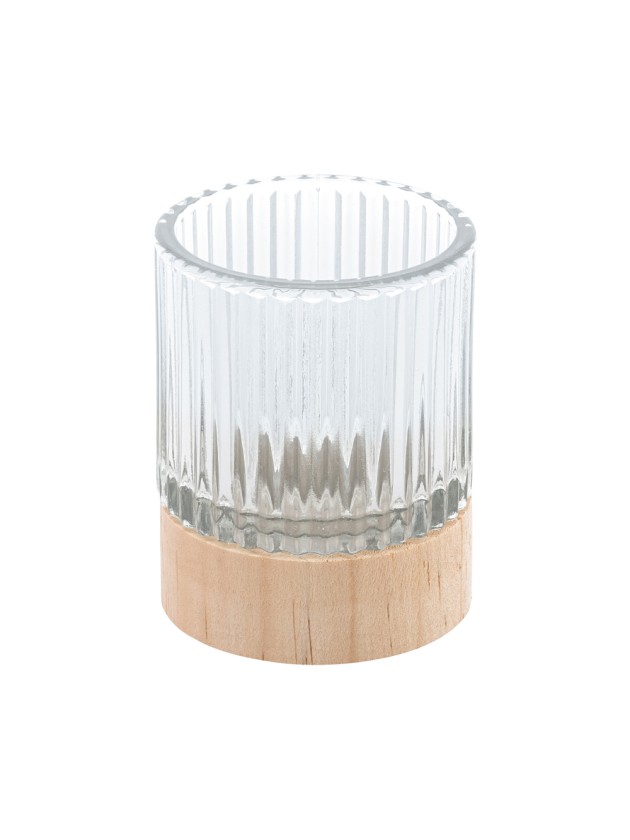 PHOTOPHORE VERRE ET BOIS STRIE DIA 7CM X 8.6CM