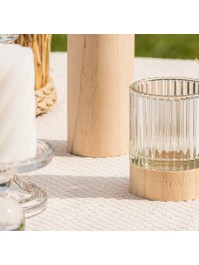 STRIPED GLASS AND WOODEN CANDLE HOLDER DIA 7CM X 8.6CM