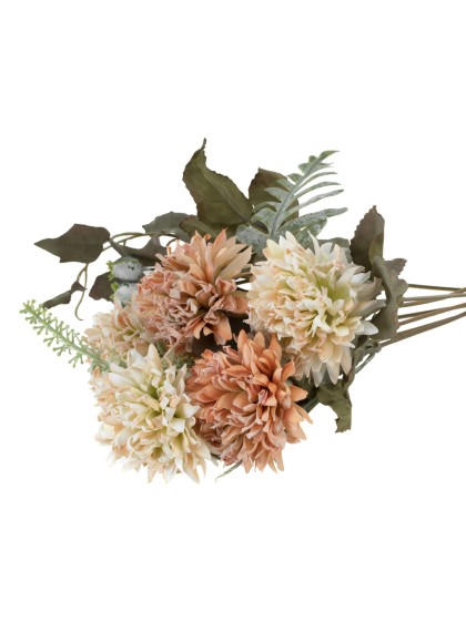 BUNCH OF 5 TANGERINE/WHITE SCABIOUS FLOWERS 32CM