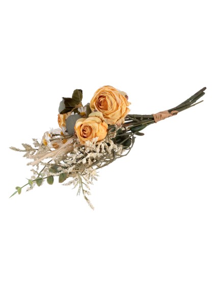 BOUQUET ROSES MARGUERITES FEUILLAGES JAUNE 38CM