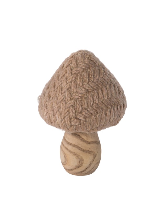 BEIGE KNIT MUSHROOM ON WOODEN BASE DIA 9.5CM X 14CM
