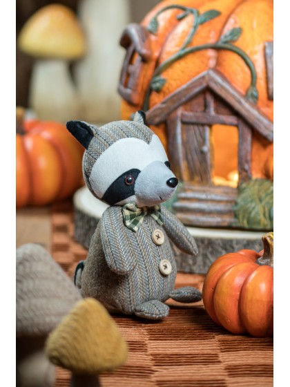 GREY TWEED FABRIC RACCOON WITH BOW TIE 12CM X 14CM X 20CM HT