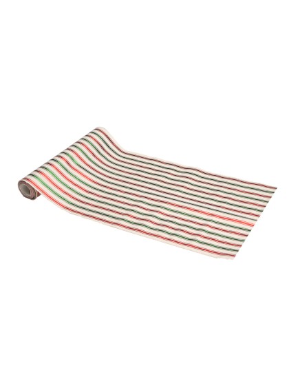 CHEMIN DE TABLE TISSU EFFET NATUREL RAYURES METAL ROUGES ET VERTES 28CM X 3M