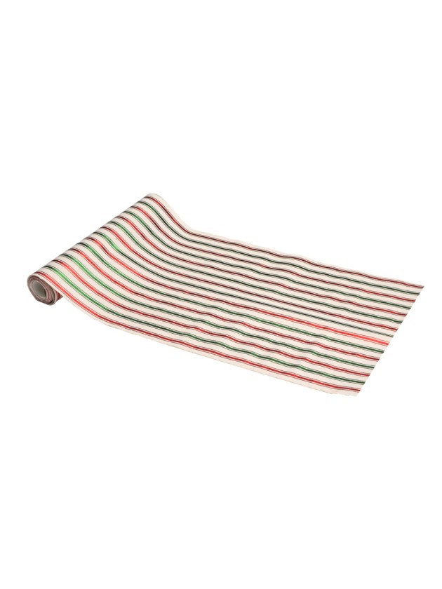 CHEMIN DE TABLE TISSU EFFET NATUREL RAYURES METAL ROUGES ET VERTES 28CM X 3M