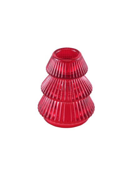 STRIPES RED GLASS TAPER CANDLE HOLDER CHRISTMAS TREE DIA 6CM X 8CM HT