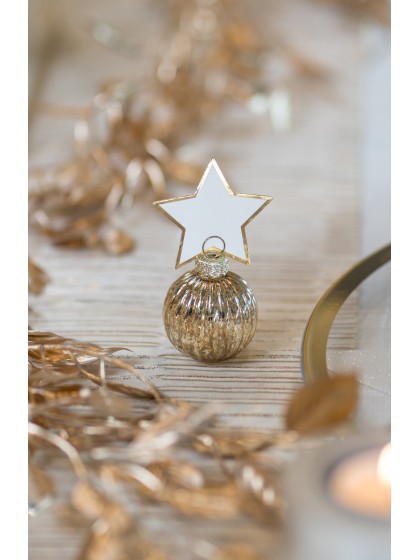 4 GOLDEN CHRISTMAS BALLS PLACE CARD + STAR CARDS BALL: DIA 4CM X 5.5CM HT  STAR: 5CM