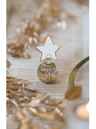 4 MARQUE-PLACES BOULES NOEL OR + ETIQUETTES ETOILE BOULE: DIA 4CM X 5.5CM HT ETOILE: 5CM