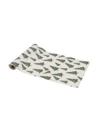JUTE EFFECT TABLE RUNNER SNOWY CHRISTMAS TREE AND FLAKES 28CM X 3M