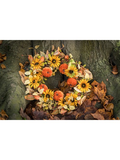 COURONNE AUTOMNALE TOURNESOLS ET CITROUILLES VELOURS DIA 50CM