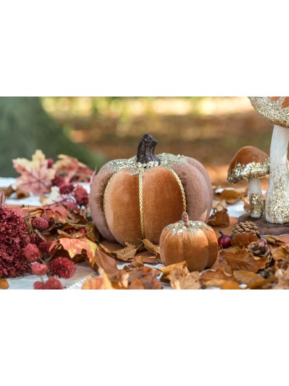 CAMEL AND BROWN VELVET PUMPKIN WITH GLITTERS DIA 19CM X 16CM HT