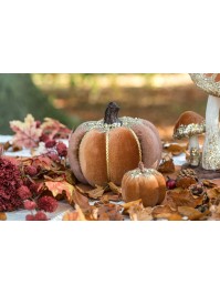 CAMEL AND BROWN VELVET PUMPKIN WITH GLITTERS DIA 19CM X 16CM HT