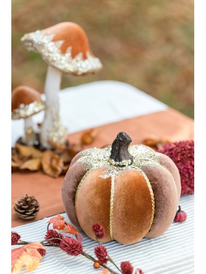 CAMEL AND BROWN VELVET PUMPKIN WITH GLITTERS DIA 19CM X 16CM HT