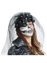 KOPFSCHMUCK GOTHIQUE FLEURES SCHWARZ MIT VOILE 25CM X 45CM