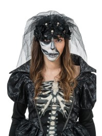 BLACK HEADBAND WITH FLOWERS AND VEIL 25CM X 45CM