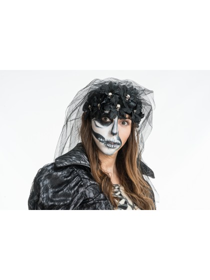 KOPFSCHMUCK GOTHIQUE FLEURES SCHWARZ MIT VOILE 25CM X 45CM