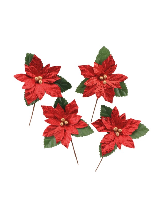 BAG OF 4 BRIGHT RED POINSETTIAS ON STEMS 6CM X 8CM HT