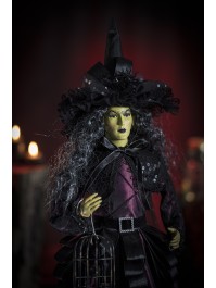 PURPLE DRESSED STANDING WITCH WITH BIRD CAGE 21CM X 21CM X 62CM