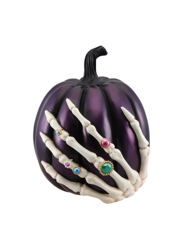 CITROUILLE POLYRESINE VIOLETTE AVEC MAIN SQUELETTE 21.5CM X 24CM X 27CM