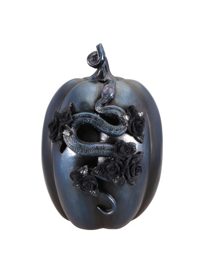 CITROUILLE POLYRESINE BLEUE NUIT AVEC SERPENT ET ROSES 19.5CM X 21.5CM X 28.5CM