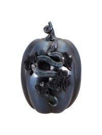 CITROUILLE POLYRESINE BLEUE NUIT AVEC SERPENT ET ROSES 19.5CM X 21.5CM X 28.5CM