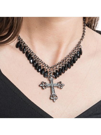 HALSKETTE CROIX UND PERLEN SCHWARZ 27CM