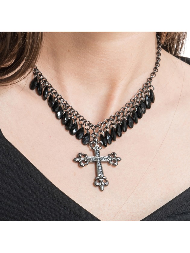 HALSKETTE CROIX UND PERLEN SCHWARZ 27CM