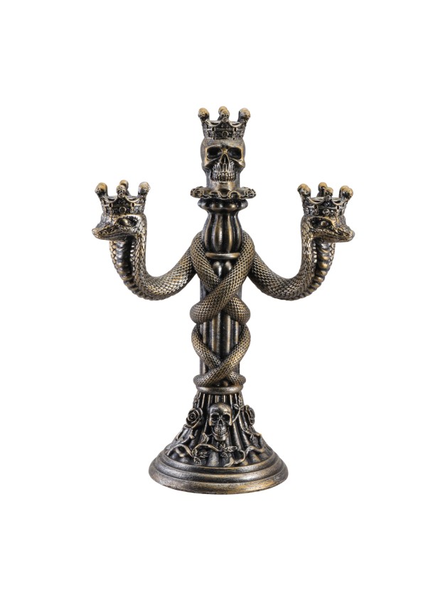 BRONZE SKULL AND SNAKES CANDLE HOLDER FOR 3 CANDLES 20.5CM X 11.5CM X 30CM