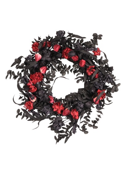 WREATH WITH BLACK FOLIAGE AND RED FLOWERS DIA 56CM X 15CM