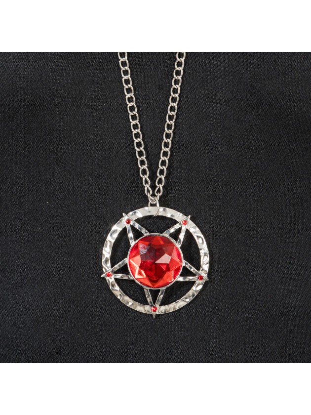 RED SATANIC PENTAGRAM NECKLACE PENDANT DIA 5CM CHAIN 72CM