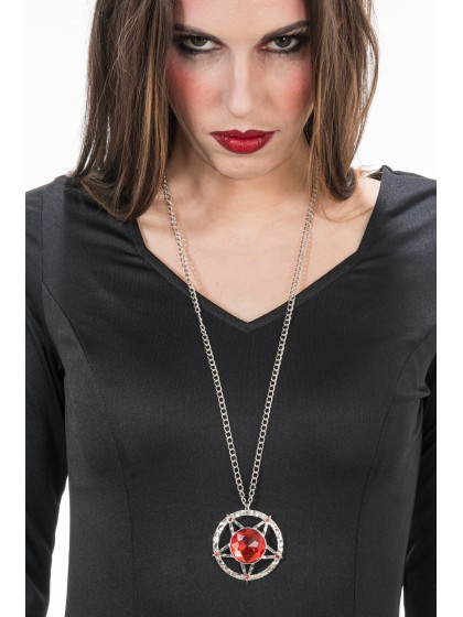 RED SATANIC PENTAGRAM NECKLACE PENDANT DIA 5CM CHAIN 72CM