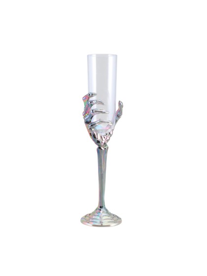 TRANSPARENT CUP WITH IRIDESCENT SKELETON HAND BASE DIA 6.5CM CUP DIA 4.5CM X 26CM