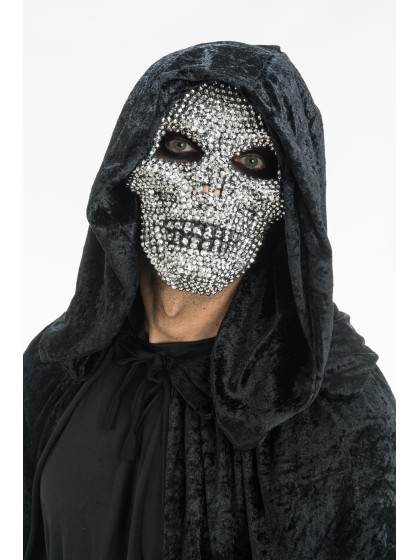 MASQUE TETE DE MORT STRASS ARGENTE 16CM X 6.5CM X 24.5CM