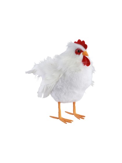 SMALL WHITE HEN WITH FEATHERS 20CM X 12CM X 20CM