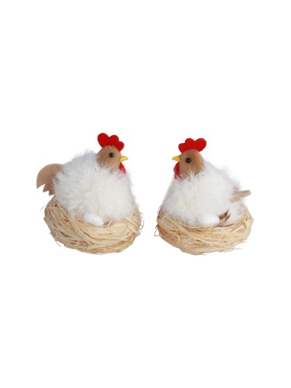 POULE BLANCHE DANS NID 2 ASS DIA 7CM X 8CM