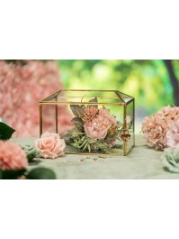 BOX BLUMENSTRAUSS / URNE HOCHZEIT GLAS METALL GOLD MIT SCHLOSS 26CM X 15CM X 18.5CM