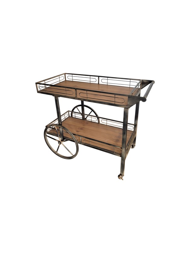 CHARIOT VINTAGE BOIS/METAL 2 ROUES 2 ROULETTES 2 NIVEAUX 94CM X 54CM X 77CM