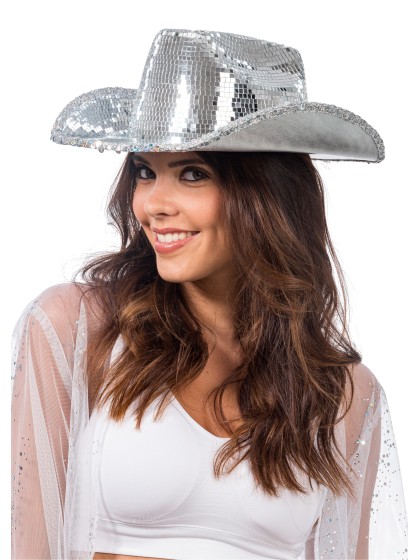 CHAPEAU DE COWBOY ARGENTE BOULE A FACETTES TU - avec elastique intérieur