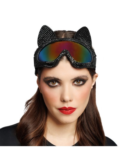 LUNETTES MASQUE DE SKI CHAT AVEC STRASS NOIR 18CM X 13CM