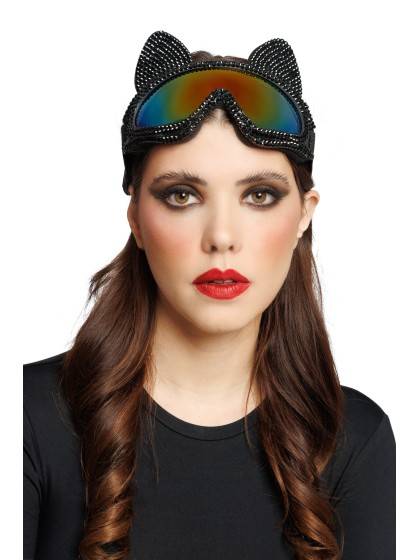 BRILLE MASKE AUS SKI KATZE MIT STRASS SCHWARZ 18CM x 13CM