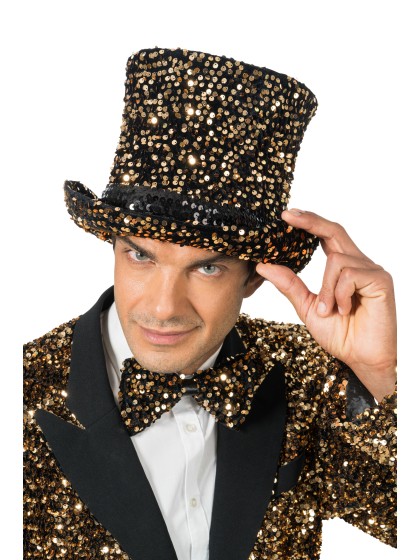 CHAPEAU HAUT DE FORME VELOURS NOIR ET SEQUINS BRONZE 19CM - TU - avec elastique intérieur