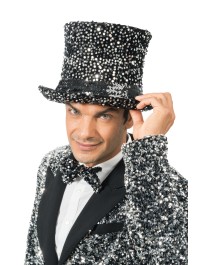 CHAPEAU HAUT DE FORME VELOURS NOIR ET SEQUINS ARGENT 19CM - TU - avec elastique intérieur