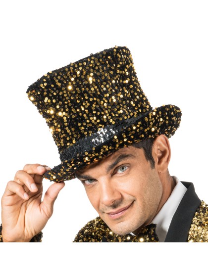 BLACK VELVET TOP HAT WITH GOLDEN SEQUINS 19CM