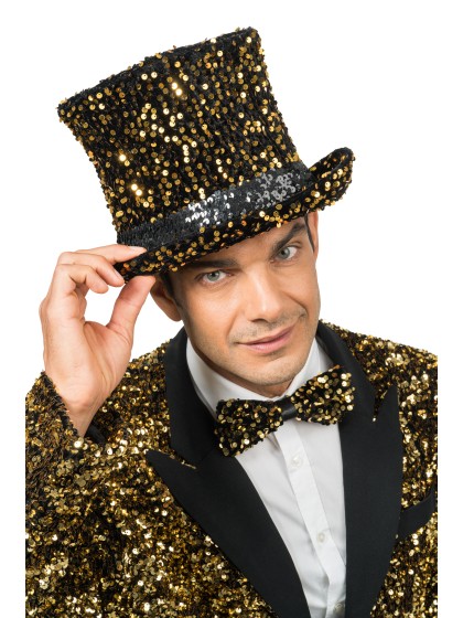 BLACK VELVET TOP HAT WITH GOLDEN SEQUINS 19CM