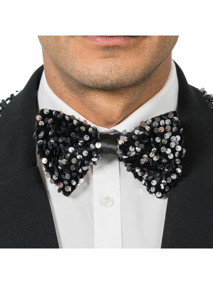 BLACK VELVET BOW TIE WITH SILVER SEQUINS 15CM X 8CM